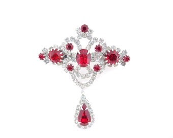 Red and Clear Rhinestone Brooch - Mad Men - Brooch Bouquet - Vintage Wedding Jewelry - 1950s Gift For Her - Rockabilly Pin - Pin Up Jewelry
