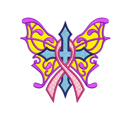 Support Breast Cancer Cross with Ribbon Applique Machine