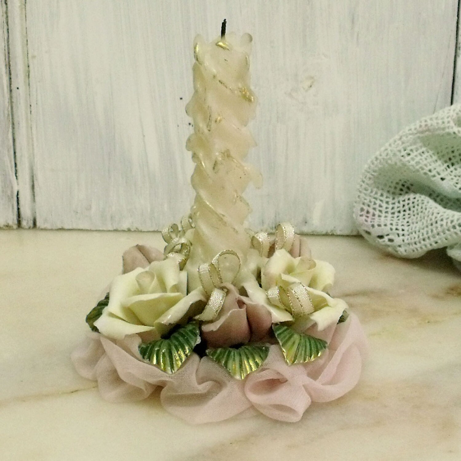 Vintage porcelain Roses candle holder candle by HelenaAleixoDecor