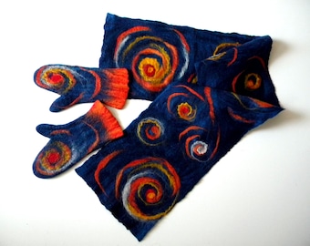 Christmas set scarf and mittens Van gogh starry night scarf mittens Christmas gift Blue felted scarves Winter accessory boyfriend gift