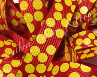 RTS Red Yellow Glitter Silly Dot Grosgrain Ribbon, Designer Ribbon By The Yard, 7/8" ribbon, Scrapbooking ribbon, polka dot ribbon, crafts