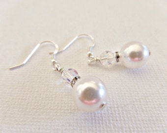 Items similar to Swarovski Pearl Earrings, Peach Earrings, Crystal ...