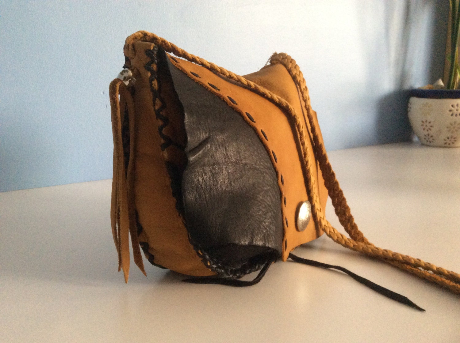 Handmade Leather Purse Western Style Shoulder Bag Black and