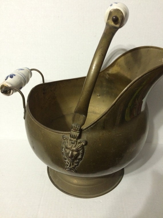 Large Vintage Brass Scuttle Ash Bucket Ceramic by 2BarnPickers