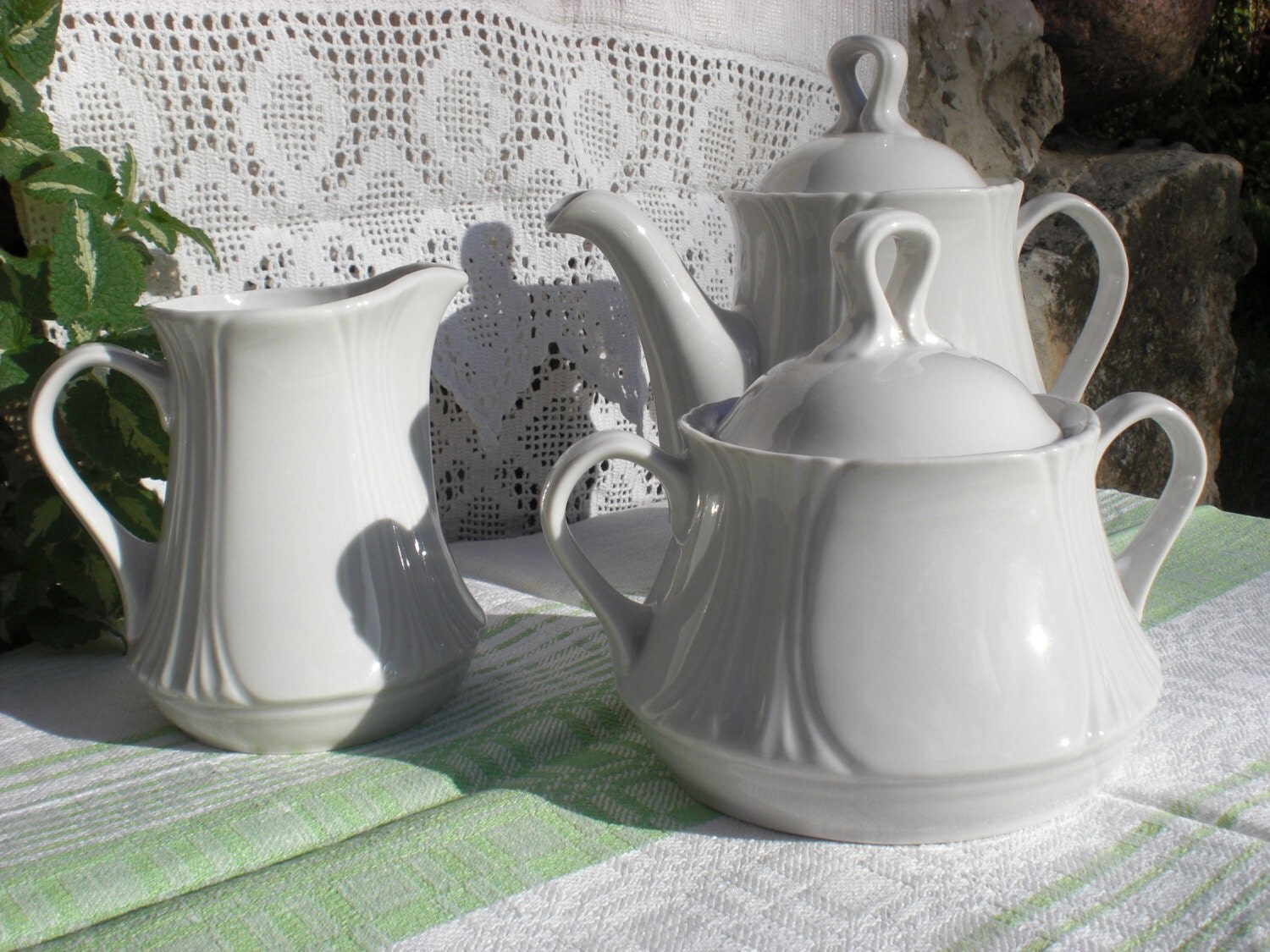 Vintage porcelain teapot creamer sugar bowl white tea pot