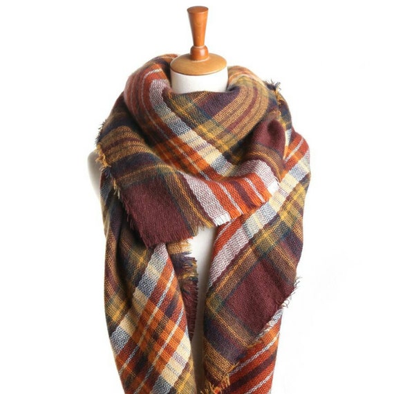 Items similar to Brown/plum plaid blanket scarf on Etsy