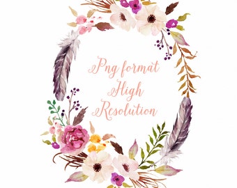 Watercolour Flower wreath with feather / Individual PNG files / Hand Painted