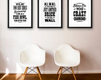 Pink Floyd song lyric art, Pink Floyd art prints, music inspired print, typographic print, print set, Pink Floyd posters