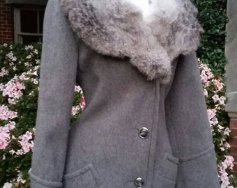 50s Wool Coat Fur Trim Grey S/M