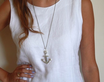 Anchor Necklace - Anchor Pendant - Long Necklace - Silver Necklace - Silver Pendant - Nautical Necklace - Statement Necklace - Minimalist