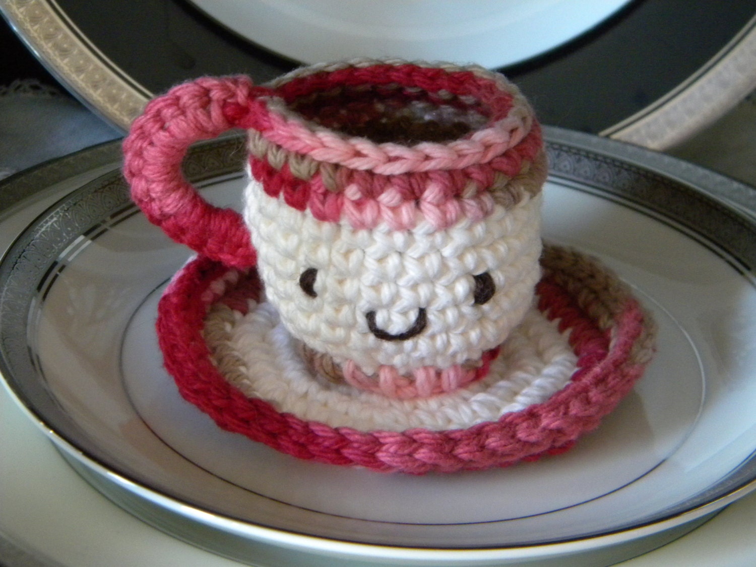 Crocheted tea cup and saucer by SweetCatHeirlooms on Etsy