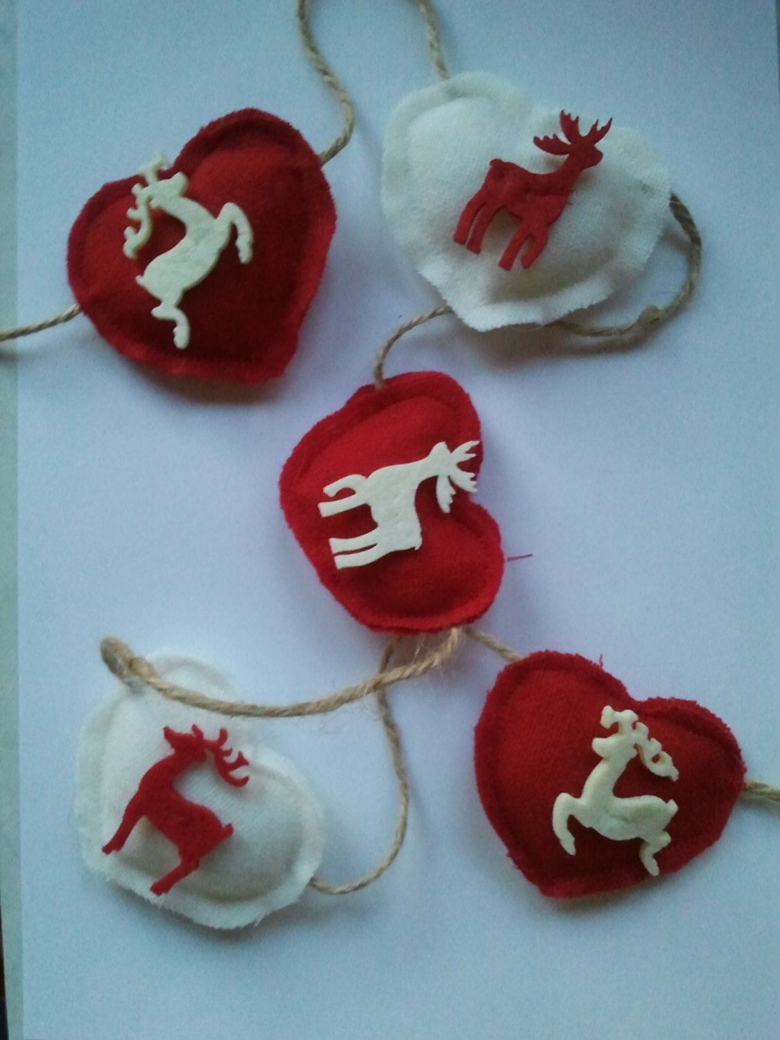 Rustic twine string of red and white hearts with reindeers, Christmas hanging decoration