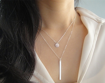 Sterling Silver Layering Necklace Set, Silver Disc Necklace, Silver Bar Drop Necklace, Vertical Silver Bar Necklace, Simple Minimalist