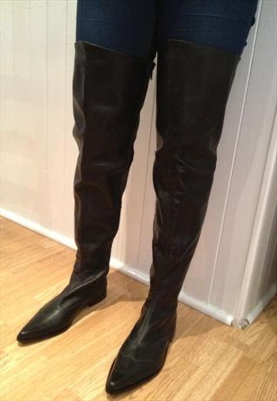 Thigh Length Winklepicker Boots in Black Leather