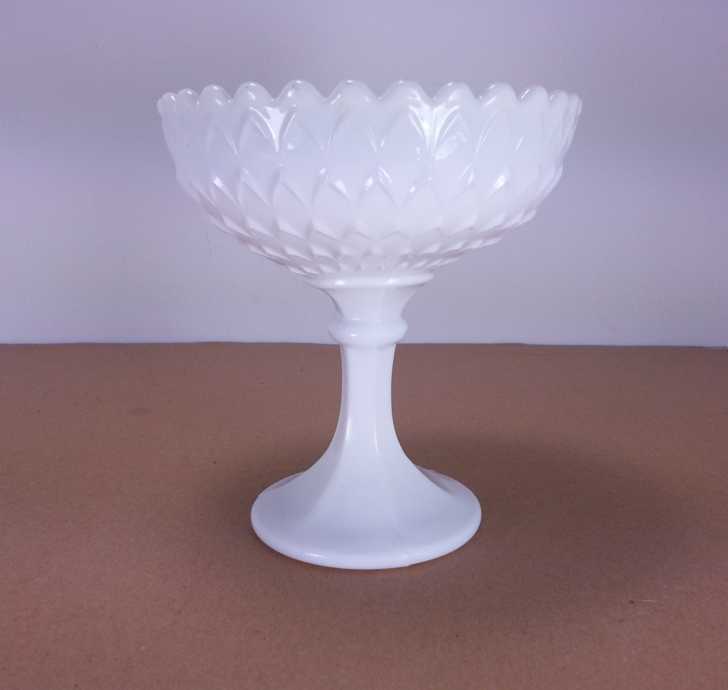 Milk Glass Pedastal Candy Dish in Diamond Pattern Stemmed Candy Dish Pedestal Compote Haute Juice