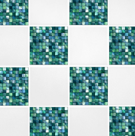 Green Blue Mosaic Tile Transfers 4 x 4 Printed
