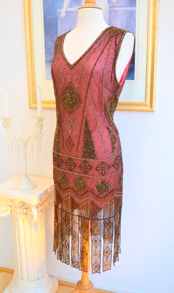 1920s Style Great Gatsby Wine Beaded ART DECO Flapper Dress
