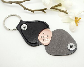 II Pick You, Personalized Guitar Pick with leather case, Hand Stamped Copper Guitar Pick - Gift for Husband, Boyfriend & Brother- Birthday