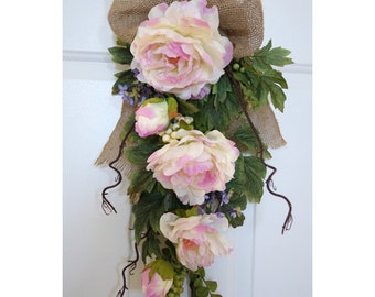 SALE Spring Wreath, Rustic Teardrop Wreath, Pink Peonies Lilac Blossom Spring Flowers Swag