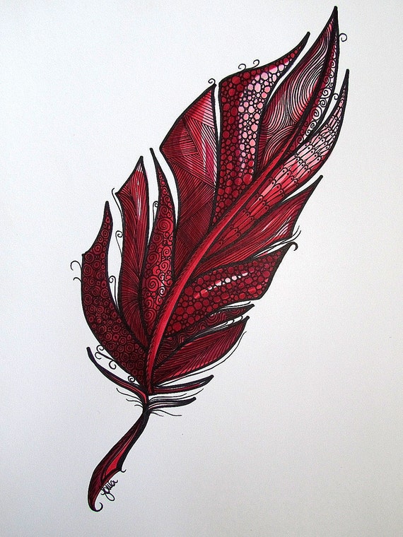 Red Feather art print ink and watercolor pencils. by SOKAart