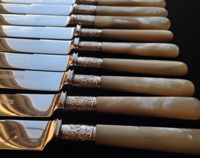 Storewide 25% Off SALE Antique 19th Century Mother of Pearl Sterling Silver Knife Set By Northampton and Landers Frary & Clark - Aetna Works