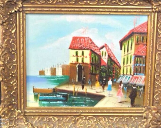 Storewide 25% Off SALE Vintage European Street / Boardwalk Scene Signed Prints With Vivid Colors Featuring Ornately Crafted Gold Gilt Floral