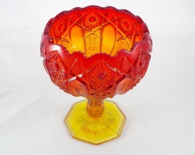 Storewide 25% Off SALE Vintage Amberina Pressed Glass Pedestal Bowl Featuring Beautiful Checker Patterened Raised Design in Yellows and Reds