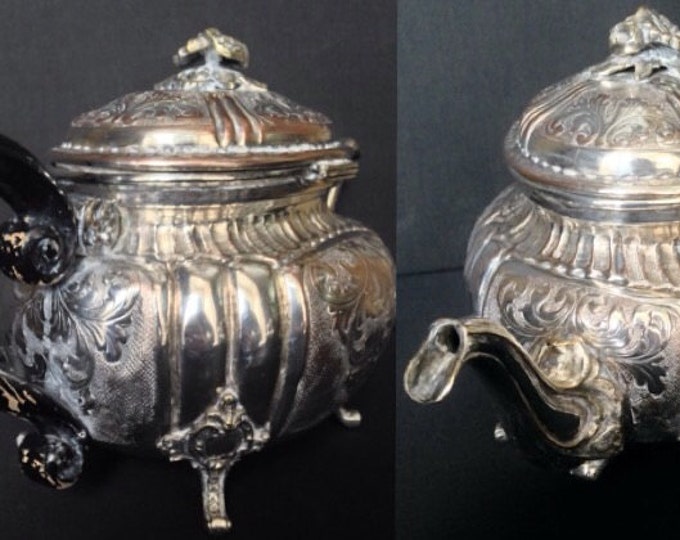 Storewide 25% Off SALE Antique 19th C British Footed Silver Tea Service W/ Teapot, Creamer & Lidded Sugar Bowl Featuring Elegant Patterns W/