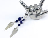 Shibori Inspired Blue Indigo Handmade Silver Heart Dangle Earrings Swarovski Crystal