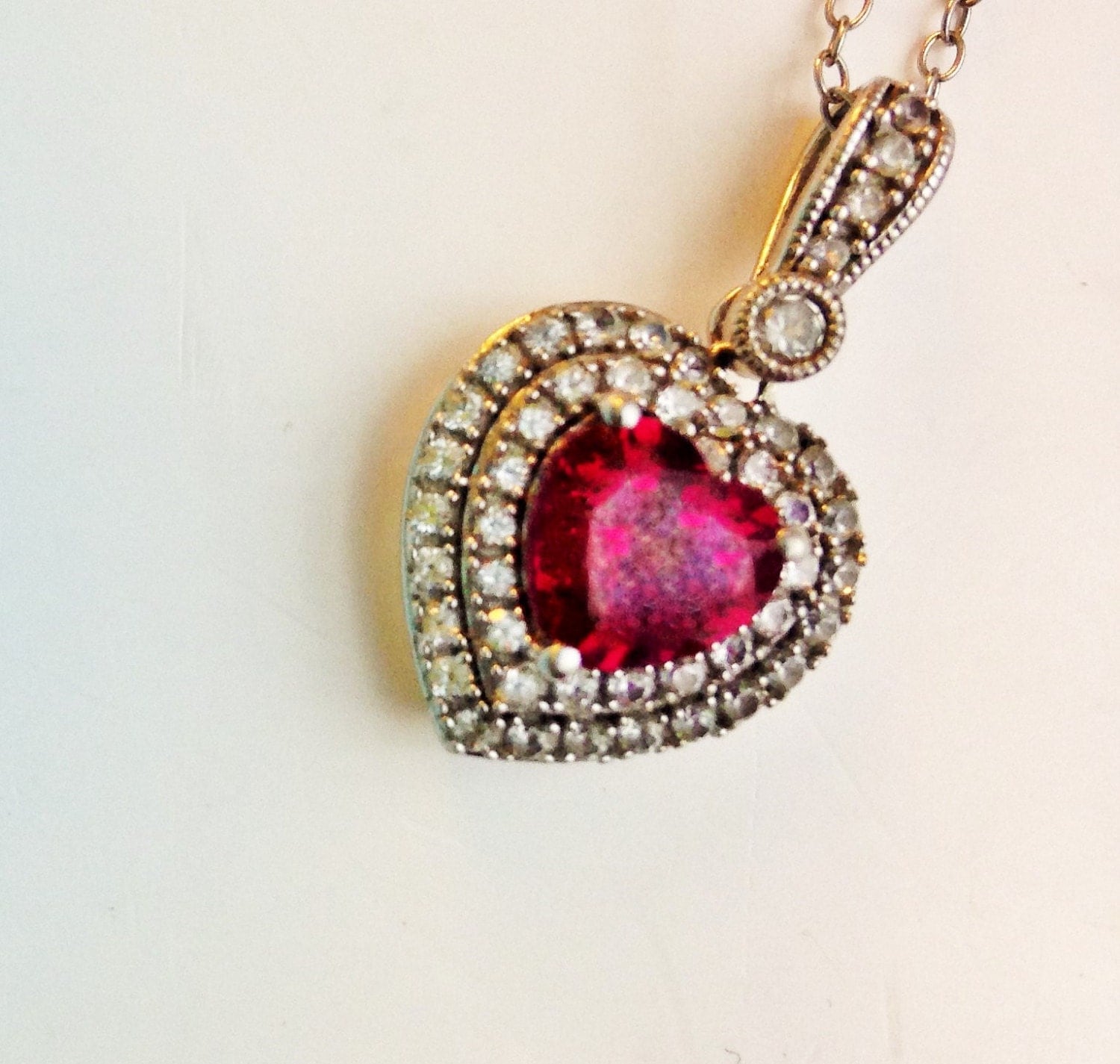 Sterling Ruby Heart Pendant 18 Red CZ Heart Necklace