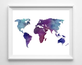 Watercolor World Map Print Printable Black White Wall Art
