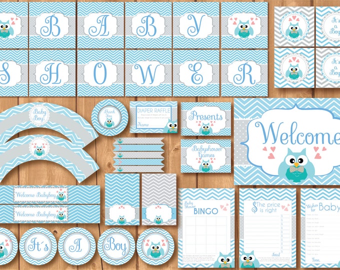 Babyshower Owl Party Package. Instant download. Printable. Boy owl Babyshower. Boy babyshower. Light blue and gray chevron babyshower.