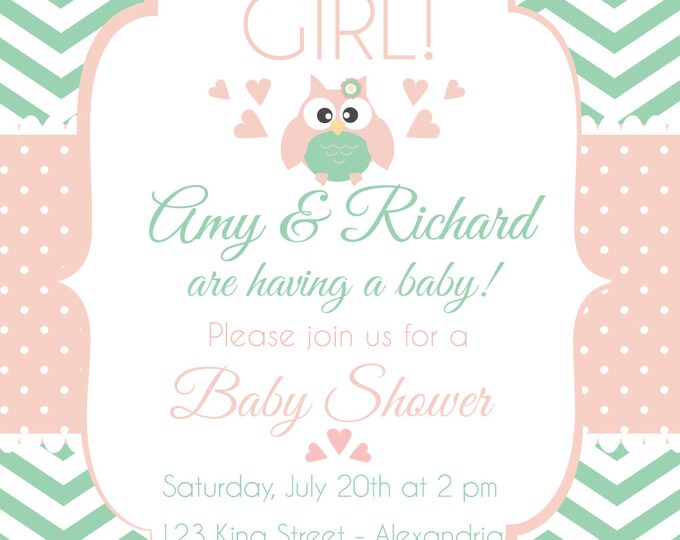 Baby Shower Invitation. Baby girl. Boy babyshower. Chevron babyshower invitation. Owl babyshower. Pastel tone babyshower. Printable