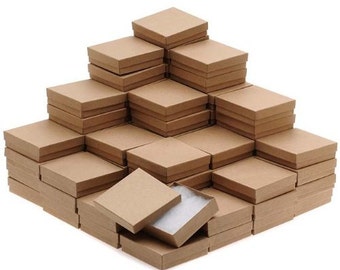 New Kraft Cotton Filled Jewelry Display Packaging Gift Boxes 3 1/2" x 3 1/2" x 1" - 5 10 25 50 100 200 500 Pcs