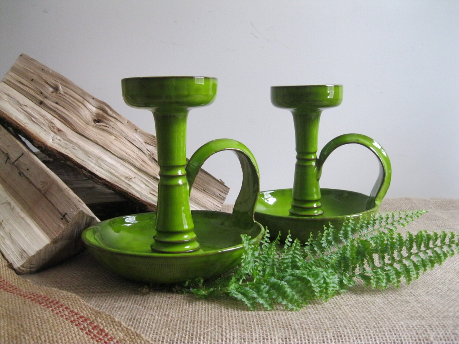 2 Vintage Art Pottery Green Ceramic Candle Stick