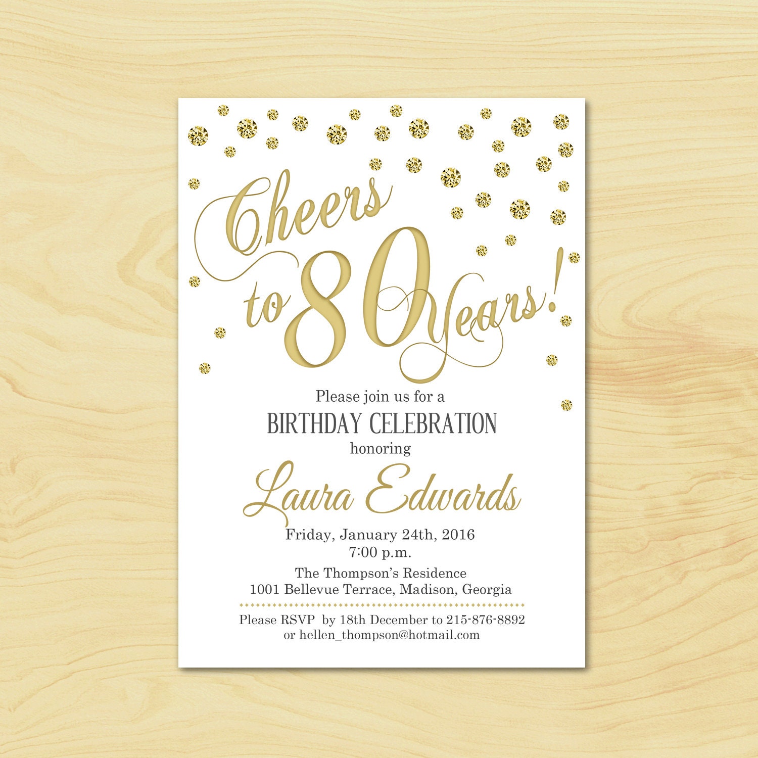  80th  Birthday  Invitation  Any Age Gold White by 