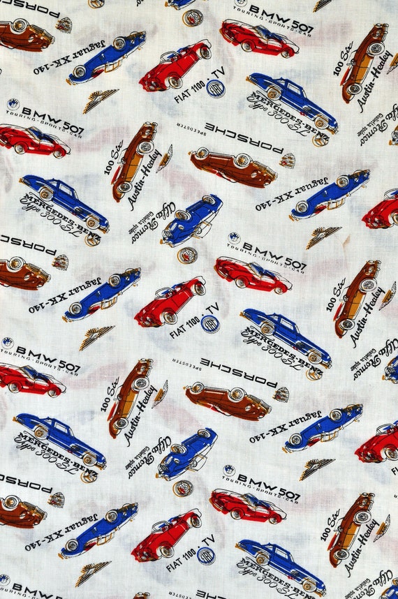 Vintage Sports Car Cotton Fabric Porsche Jaguar Alfa Romeo