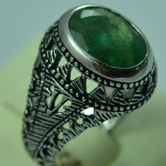 Sterling Silver Natural Green Emerald Men Ring Size 10 Persian Antiqur ...