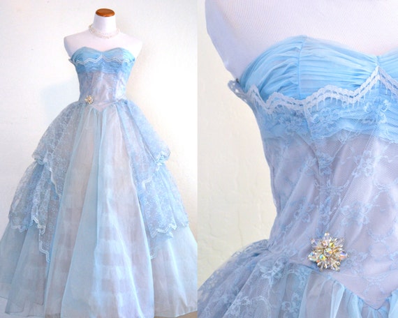 Vintage 1950s Prom Dress Baby Blue Tulle Evening Gown Full Length Cupcake Style