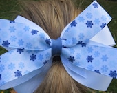 Winter Snow Flake Hair Bow with alligator clips, grosgrain ribbon, white ribbon, holiday hair bow, handmade girls hair clip, blue grosgrain