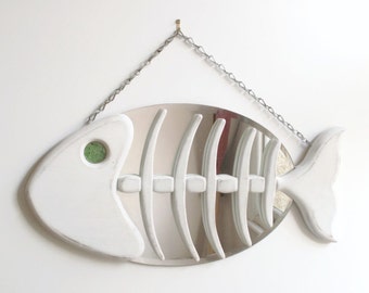 Decorative Wall Mirror - Wooden Mirror - Handmade Reclaimed Wood Frame - Fish Wall Mirror - Wall Mirror - Handmade. Mirror - White Mirror
