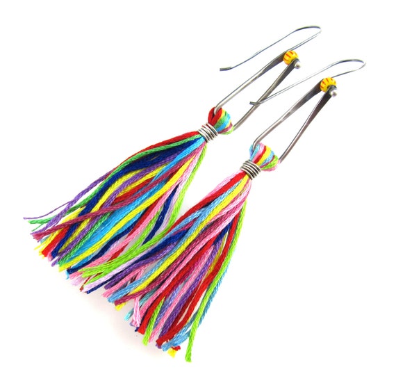 Sterling Silver Rainbow Tassels Earrings with Seed Bead