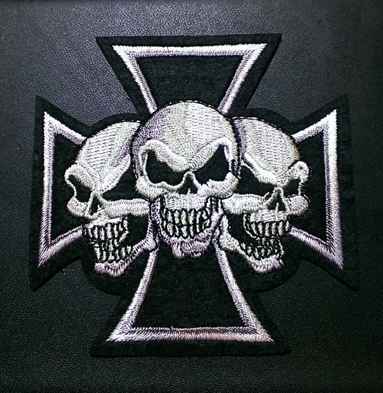 Three Skull Iron Cross Embroidered Iron On Biker Patch 3