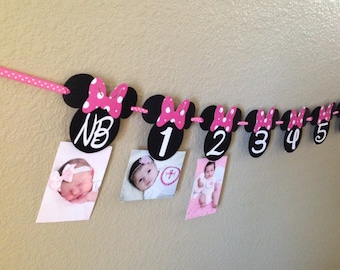 Minnie Mouse 12 month photo banner, Photo banner, Minnie Mouse Party, Minnie Mouse Birthday, Minnie Mouse Banner, Black & Hot Pink Minnie