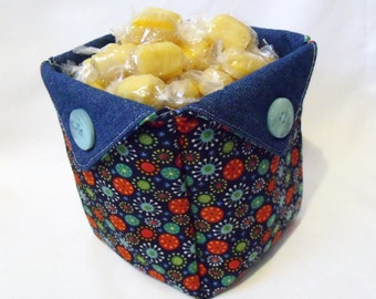 desk tidy, storage tub, fabric basket, origami box, quilted folded fabric denim tub, denim and stars