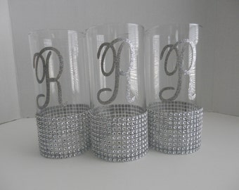 3 Wedding centerpiece, 9" H Glass candleholder, Rhinestone bouquet holder, wedding candle holder o flower vases with intials A-Z
