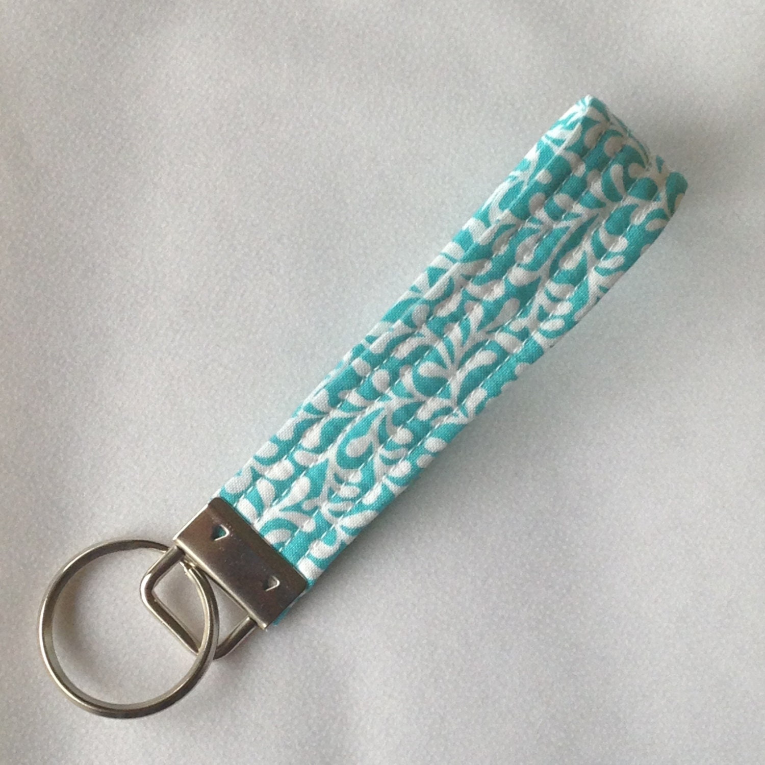 Quilted Fabric Key Fob Keychain Teal and White by ThreadedBliss2