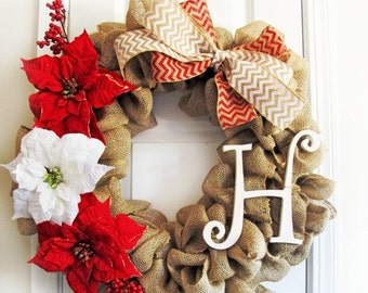 Christmas Wreath For Door, Burlap Christmas Wreath, Poinsettias ...