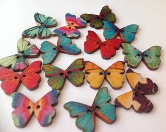 20 x multi coloured wooden butterfly buttons