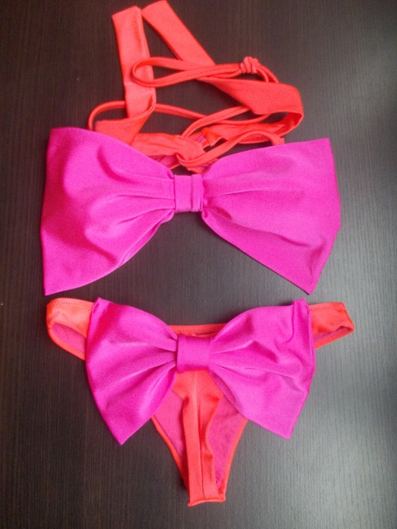 Neon pink bow bandeau and brazilian thong bow bikini swimsuit